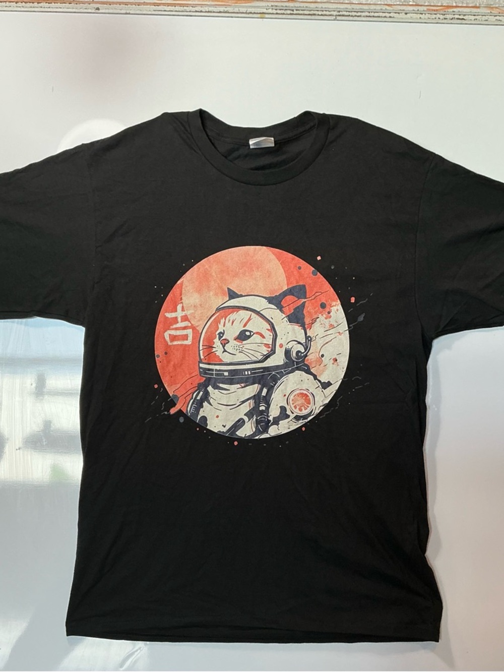 Astronaut Cat Graphic T-Shirt Black Anime Space Tee Men’s Medium Streetwear